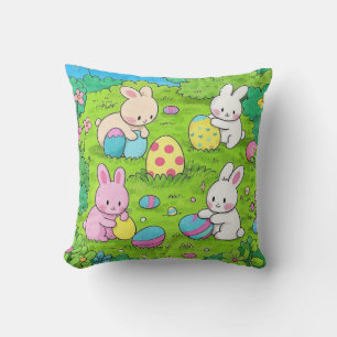 Cartoon Easter Bunnies and colourful eggs Throw Pillow