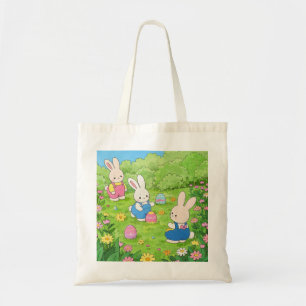 Cartoon Easter bunnies hiding eggs in a garden Tote Bag