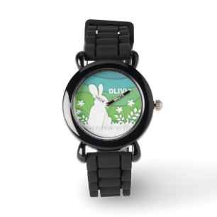 Cartoon easter bunny in green spring nature watch