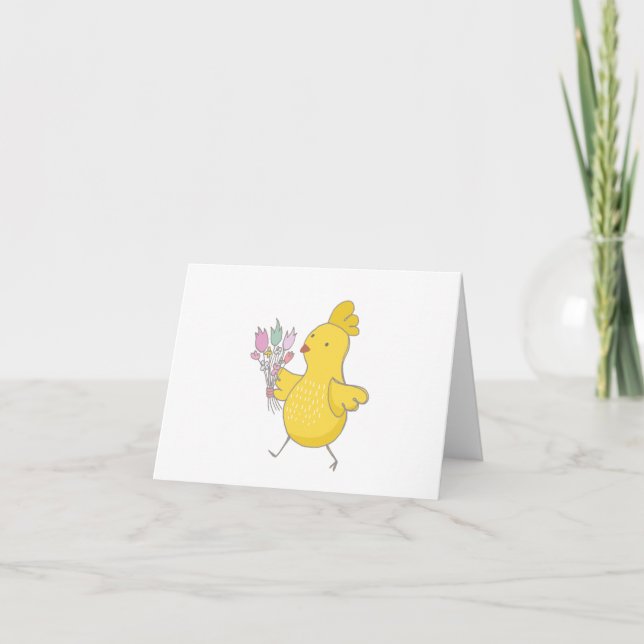 Cartoon Easter Chicken with Flowers BLANK  Card (Front)