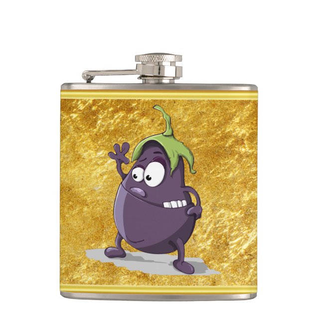 Cartoon eggplant with big eyes green hair 2 hip flask (Front)