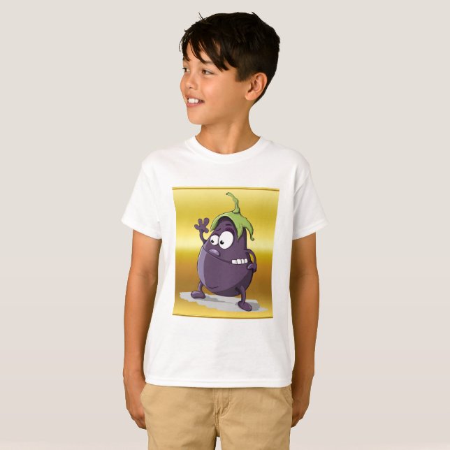 Cartoon eggplant with big eyes green hair 2 T-Shirt (Front Full)