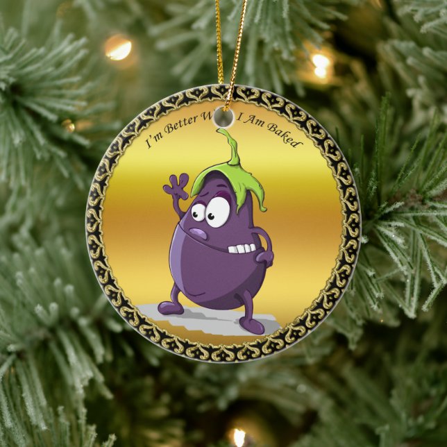 Cartoon eggplant with big eyes green hair ceramic ornament (Tree)