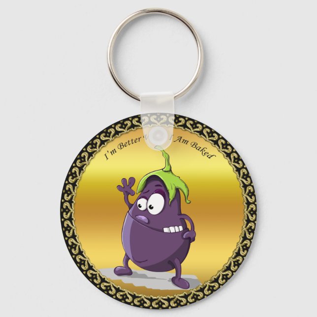 Cartoon eggplant with big eyes green hair keychain (Front)