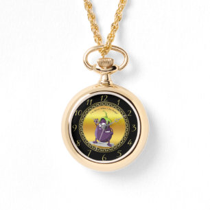 Cartoon eggplant with big eyes green hair watch