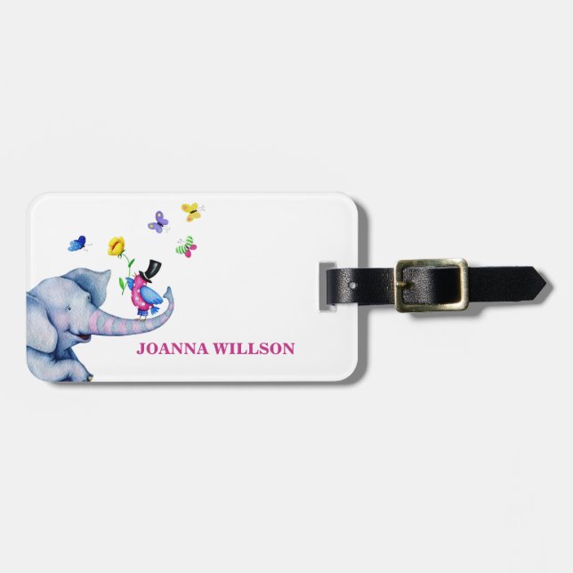 Cartoon Elephant And Butterflies Luggage Tag (Front Horizontal)