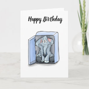 Cartoon elephant sitting inside a refrigerator card