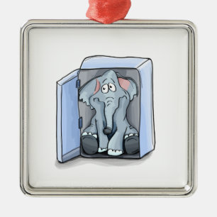Cartoon elephant sitting inside a refrigerator metal ornament