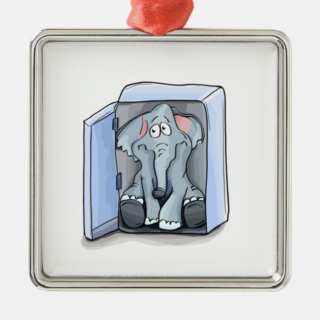 Cartoon elephant sitting inside a refrigerator metal ornament (Front)