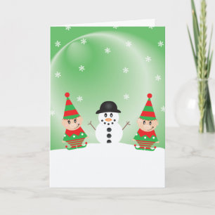 Cartoon Elf And Snowman Snowflakes Christmas Red Card