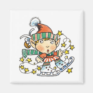 Cartoon Elf on Ice Skates Magnet
