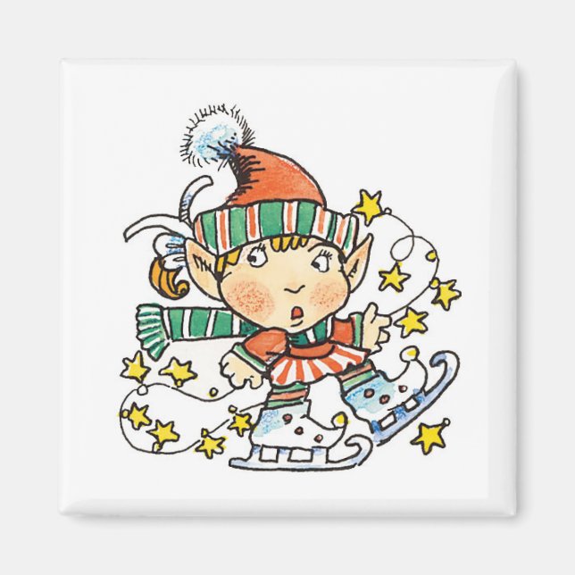 Cartoon Elf on Ice Skates Magnet (Front)