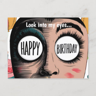 Cartoon face big eyes happy birthday in eyes postcard