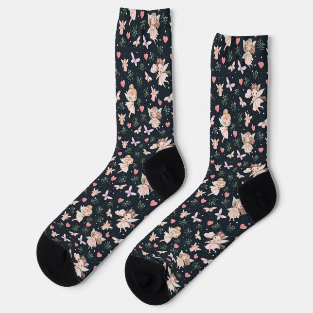 Cartoon Fairy With Flowers Seamless Pattern Socks (Left)