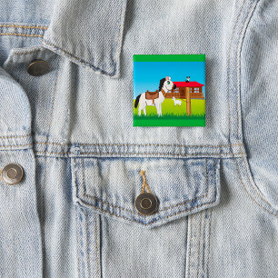 Cartoon Farm Scene with Horse Cat and Goat 2 Inch Square Button