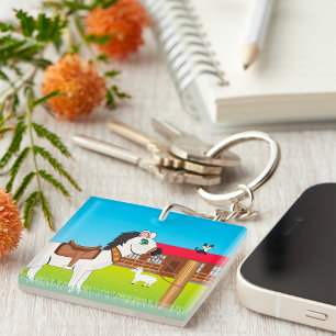Cartoon Farm Scene with Horse Cat and Goat  Keychain