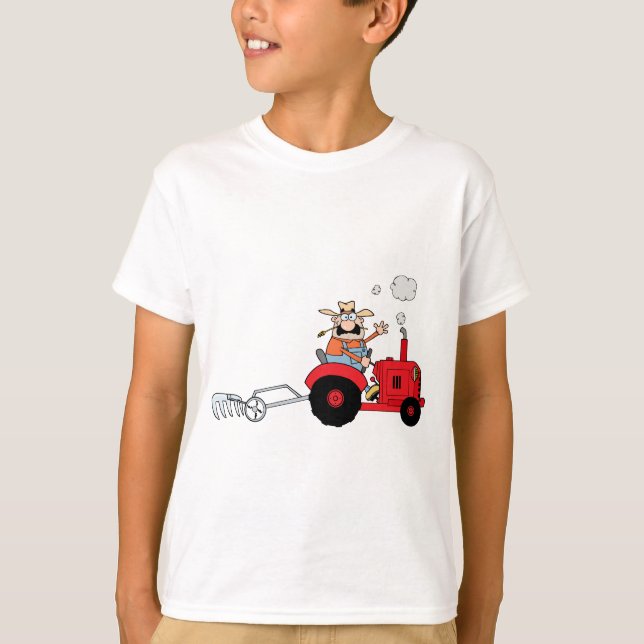 Cartoon Farmer Driving A Red Tractor T-Shirt (Front)