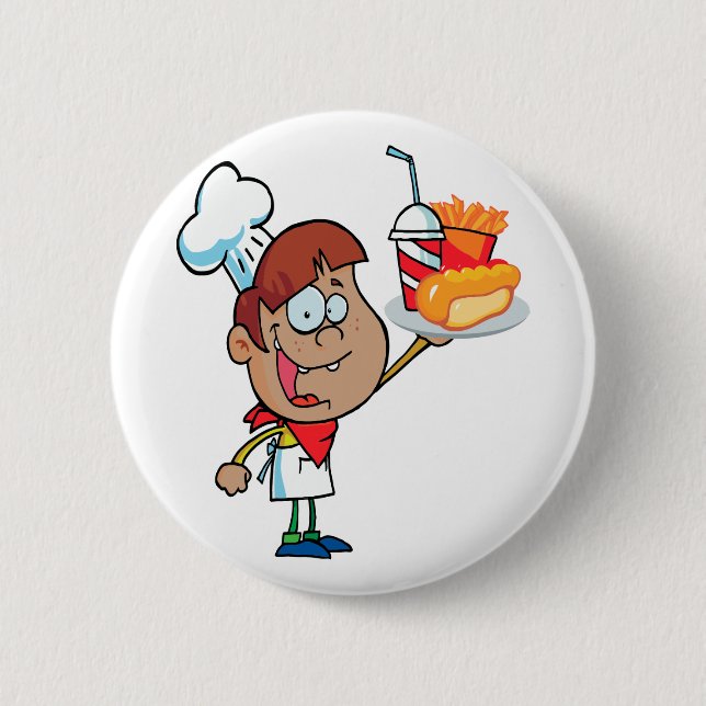 cartoon fast food waiter character 2 inch round button (Front)