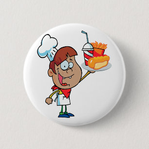 cartoon fast food waiter character 2 inch round button