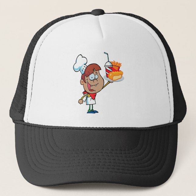 cartoon fast food waiter character trucker hat (Front)