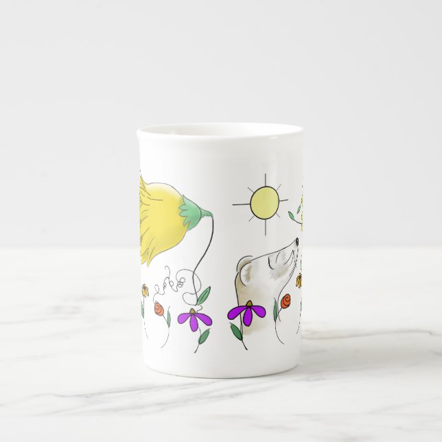 Cartoon Ferret & Flower Bone China Mug (Front)