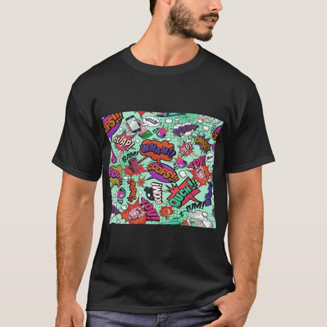 Cartoon Fight Words Colorful Seamless Pattern   T-Shirt (Front)