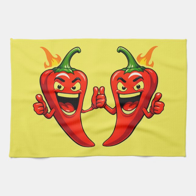 Cartoon Fire Pepper Mascot With Grinning Face Kitchen Towel (Horizontal)