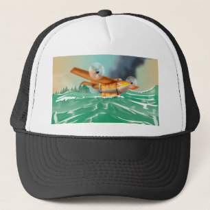 Cartoon fire plane collecting water trucker hat