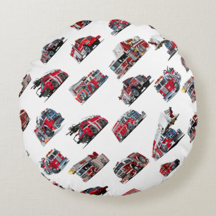 Cartoon Fire Trucks seamless pattern Fabric Round Pillow