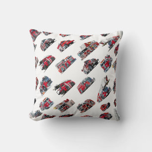 Cartoon Fire Trucks seamless pattern Fabric Throw Pillow