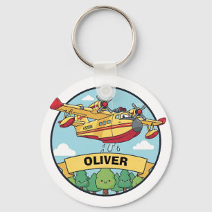 Cartoon Firefighting Plane Badge Keychain