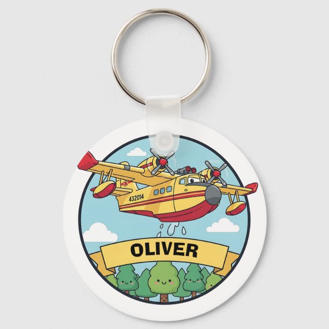 Cartoon Firefighting Plane Badge Keychain (Front)