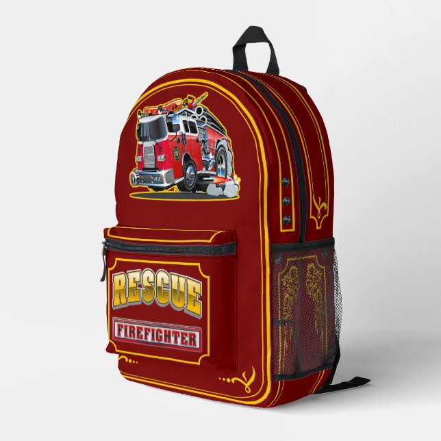 Cartoon firetruck printed backpack (Back Corner Right)