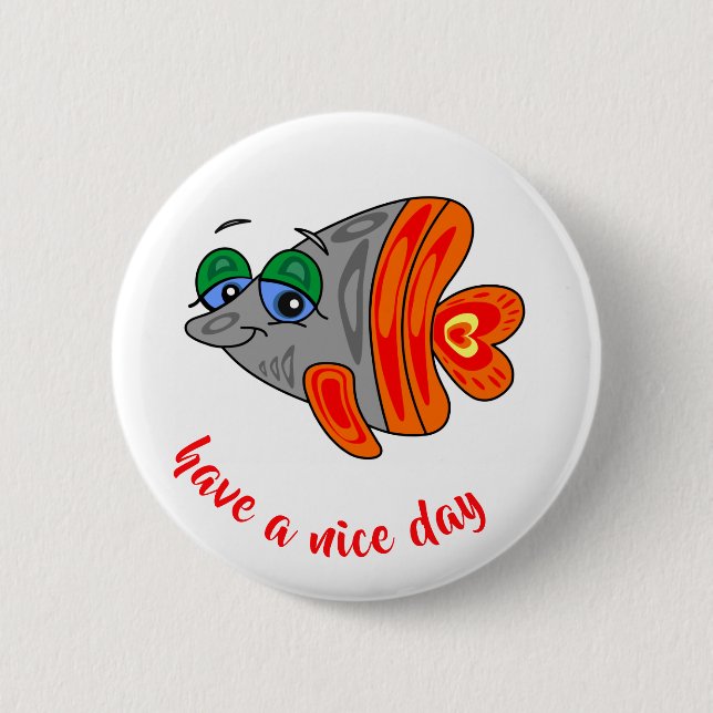 cartoon fish friendly orange grey 2 inch round button (Front)