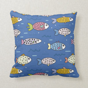 Cartoon Fish Pattern blue multicolor sea Throw Pillow