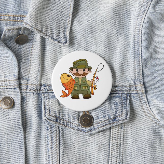 Cartoon Fisherman with Big Catch Funny Fishing  3 Inch Round Button (Creator Uploaded)