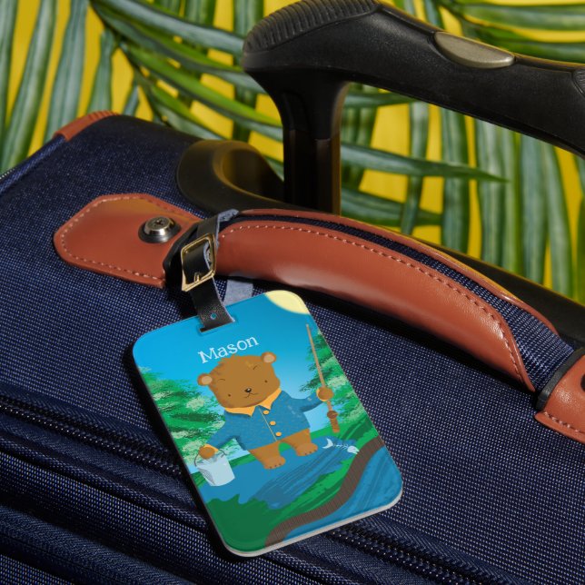 Cartoon Fishing Brown Bear Kid Luggage Tag (Front Insitu 1)