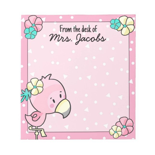 Cartoon Flamingo with Flowers Teacher Notepad (Front)