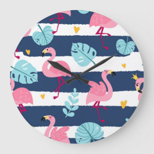 Cartoon Flamingos: Summer Tropical Vintage. Large Clock