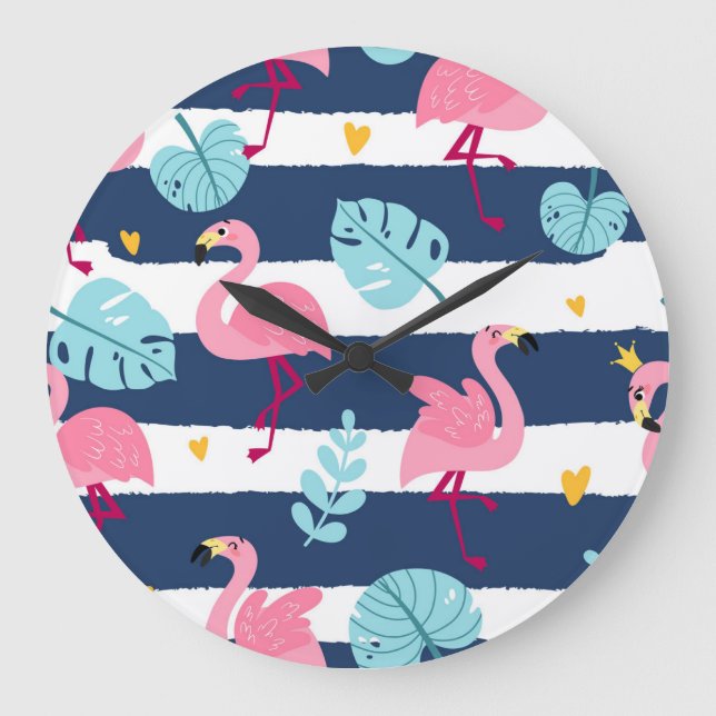 Cartoon Flamingos: Summer Tropical Vintage. Large Clock (Front)
