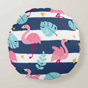 Cartoon Flamingos: Summer Tropical Vintage. Round Pillow