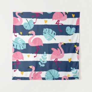 Cartoon Flamingos: Summer Tropical Vintage. Tapestry