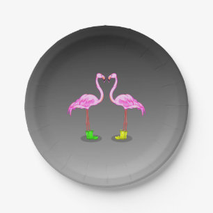 Cartoon Flamingos Wearing Colourful Winter Boots Paper Plate