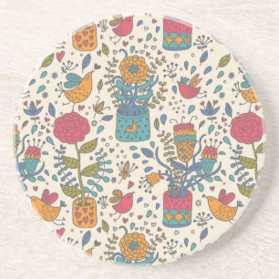 Cartoon floral pattern with birds 2 coaster
