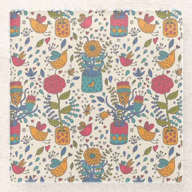 Cartoon floral pattern with birds 2 glass coaster (Front)