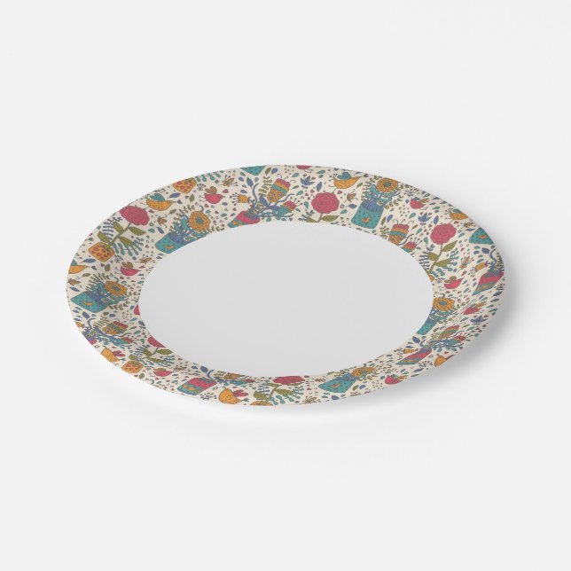 Cartoon floral pattern with birds 2 paper plate (Angled)