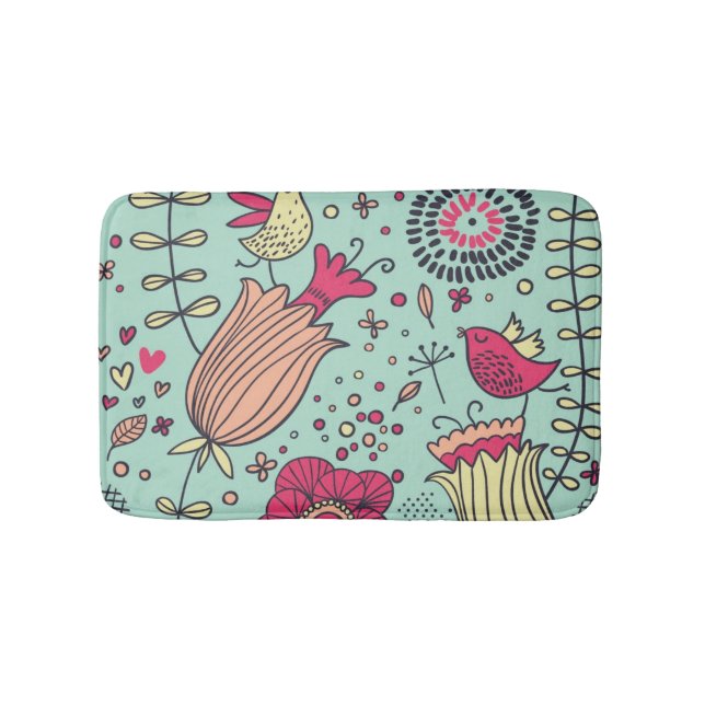 Cartoon floral pattern with birds bath mat (Front)