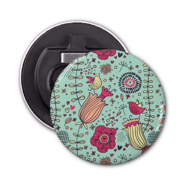 Cartoon floral pattern with birds bottle opener (Front)