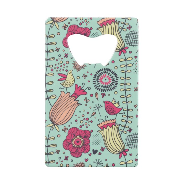 Cartoon floral pattern with birds credit card bottle opener (Front)