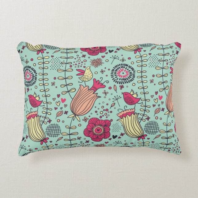 Cartoon floral pattern with birds decorative pillow (Front)
